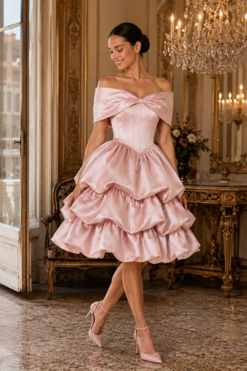Model smiling in an opulent room with a chandelier wearing the Ondora Cosette luxury pink satin off the shoulder corset party dress.