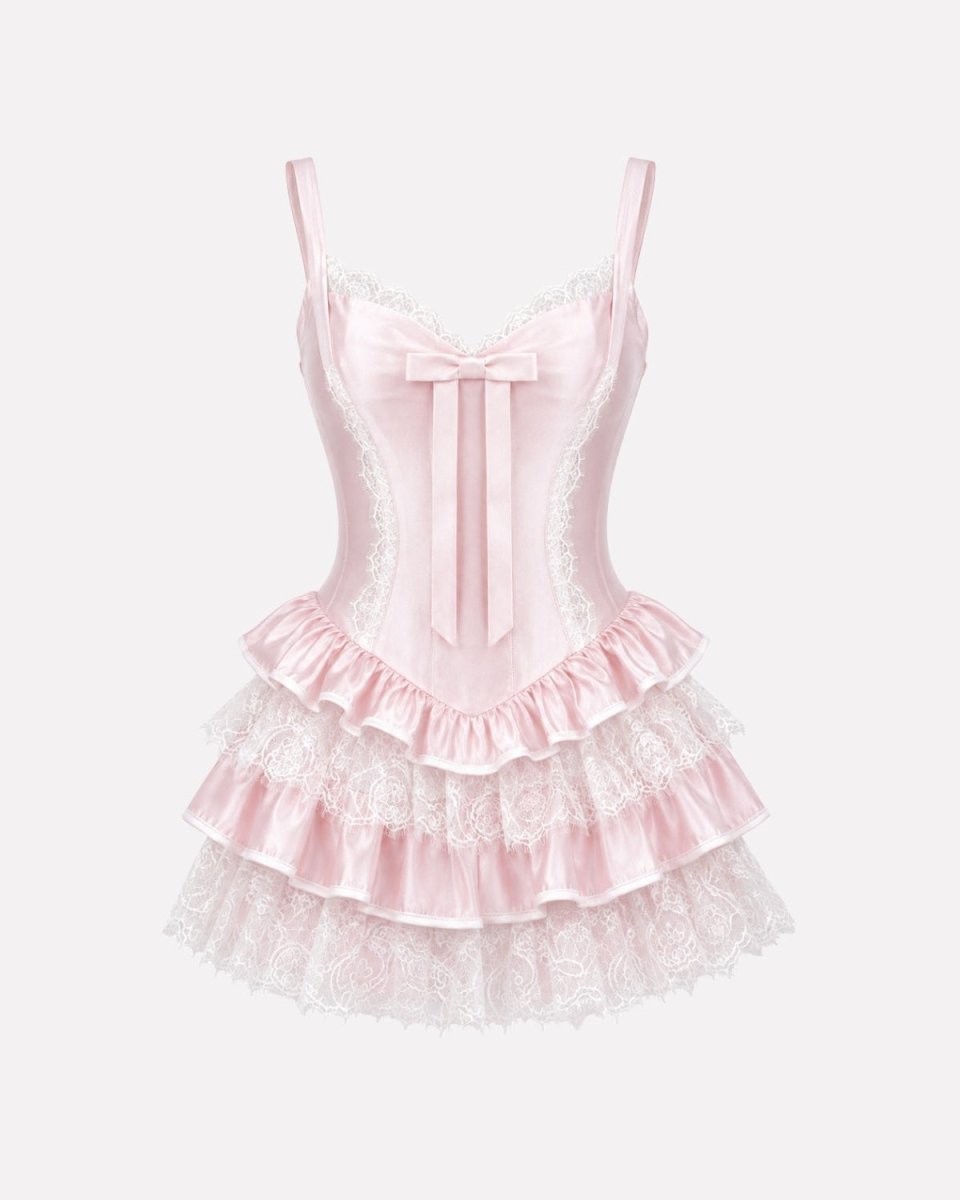 Ondara Apricot Satin Corset Mini Dress in a soft peach hue, featuring a sculpted bodice and layered lace ruffle skirt