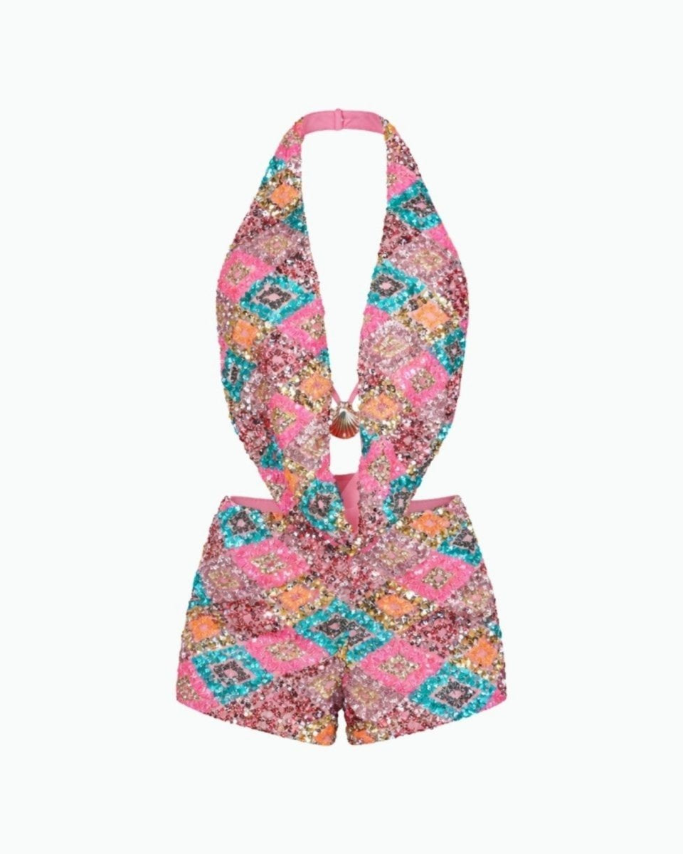 Multicolored patterned romper with halter top on a white background