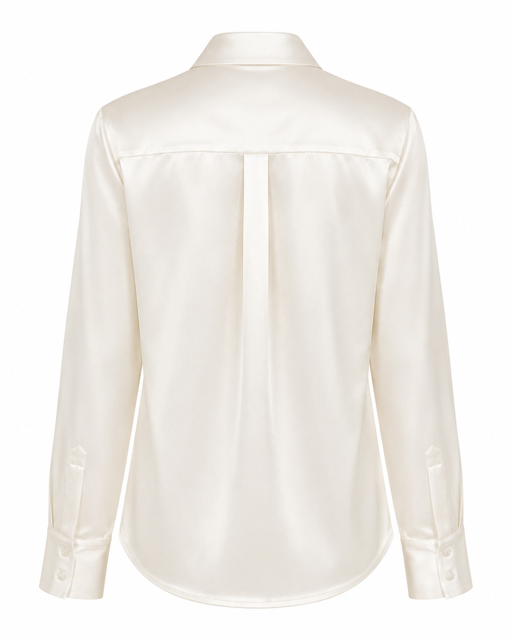 An ivory satin long-sleeve blouse shown from the back, featuring a center back pleat and buttoned cuffs, set against a plain white background.