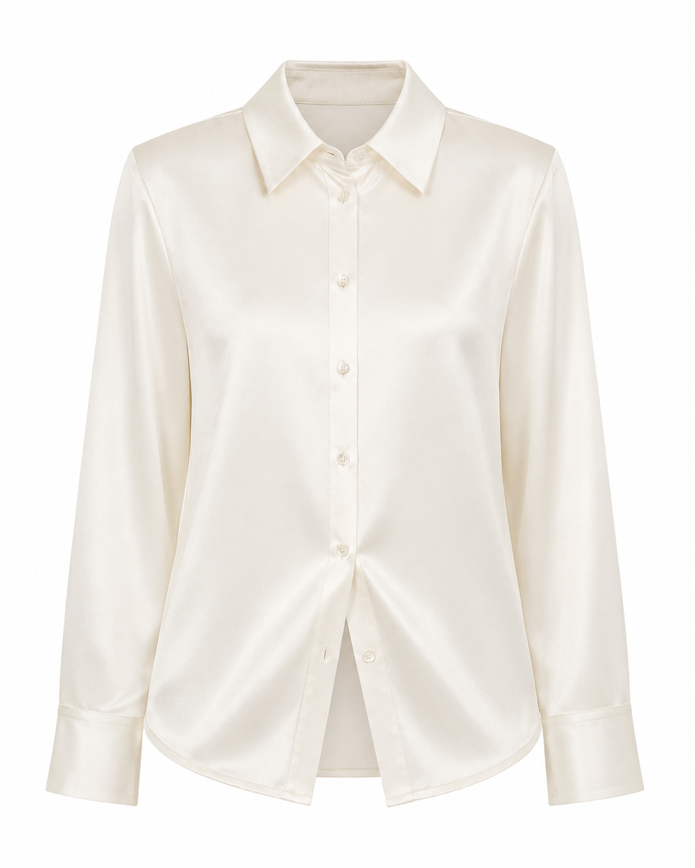 An off-white satin button-down shirt with a pointed collar and long sleeves, displayed against a solid white background.