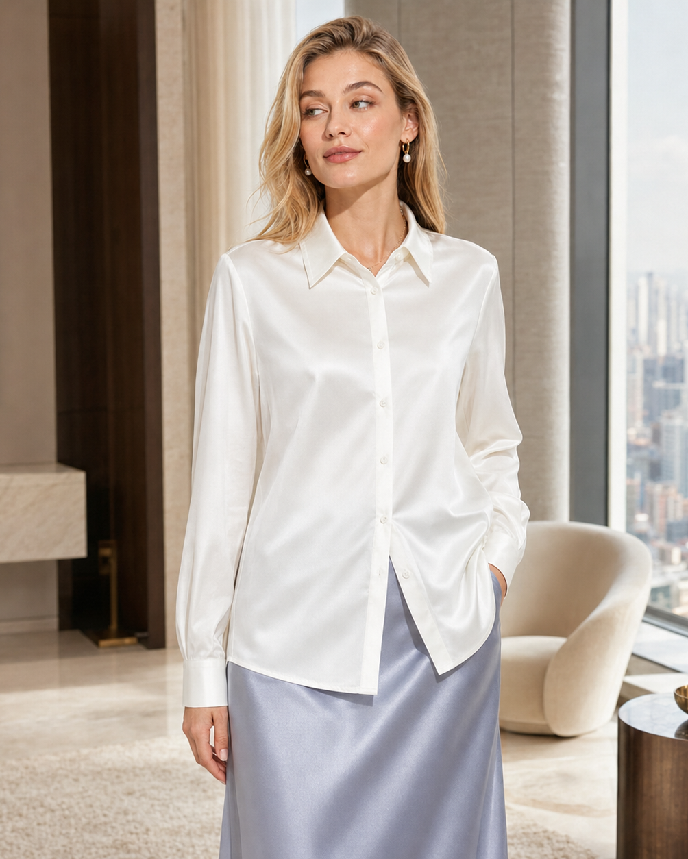 A woman stands indoors wearing a white satin long-sleeve button-up shirt over a light blue satin skirt, posed in a modern high-rise apartment with a city skyline visible through the window.