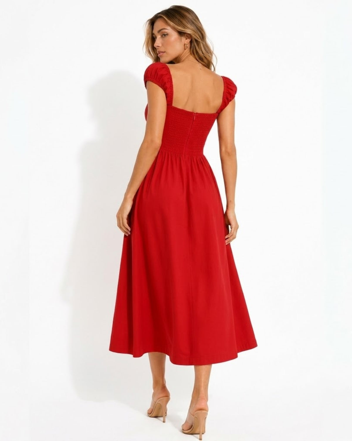 Studio back view of Ondara red pinstripe floral embroidered corset midi dress featuring structured bodice and cap puff sleeves.