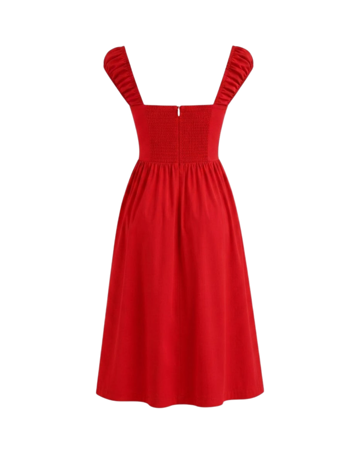 Flat lay image of the vibrant red pinstripe floral embroidered corset midi dress by Ondara.