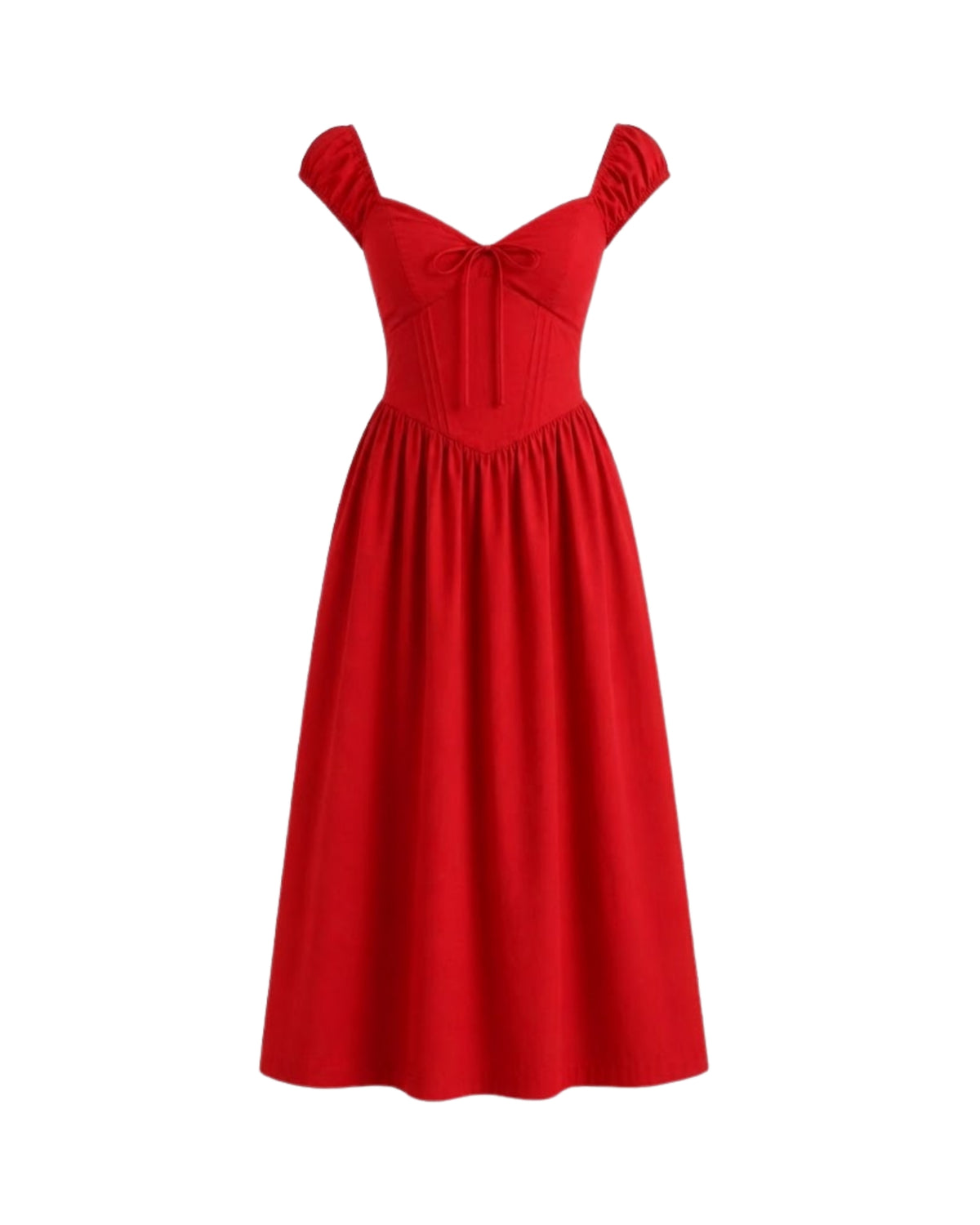 Flat lay image of the vibrant red pinstripe floral embroidered corset midi dress by Ondara.