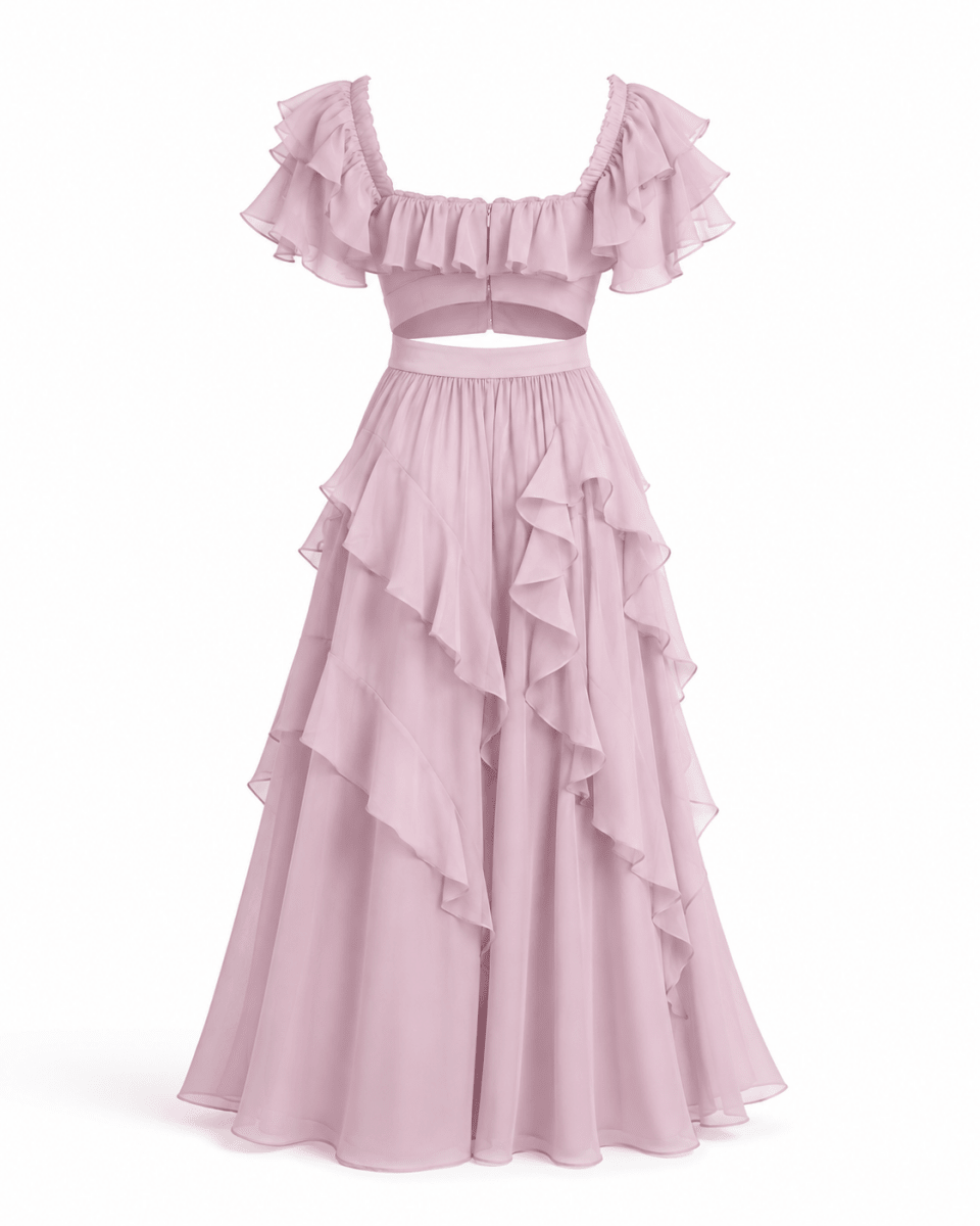 Flat lay back view of the Ondara dusty pink two-piece luxury outfit showing zipper details