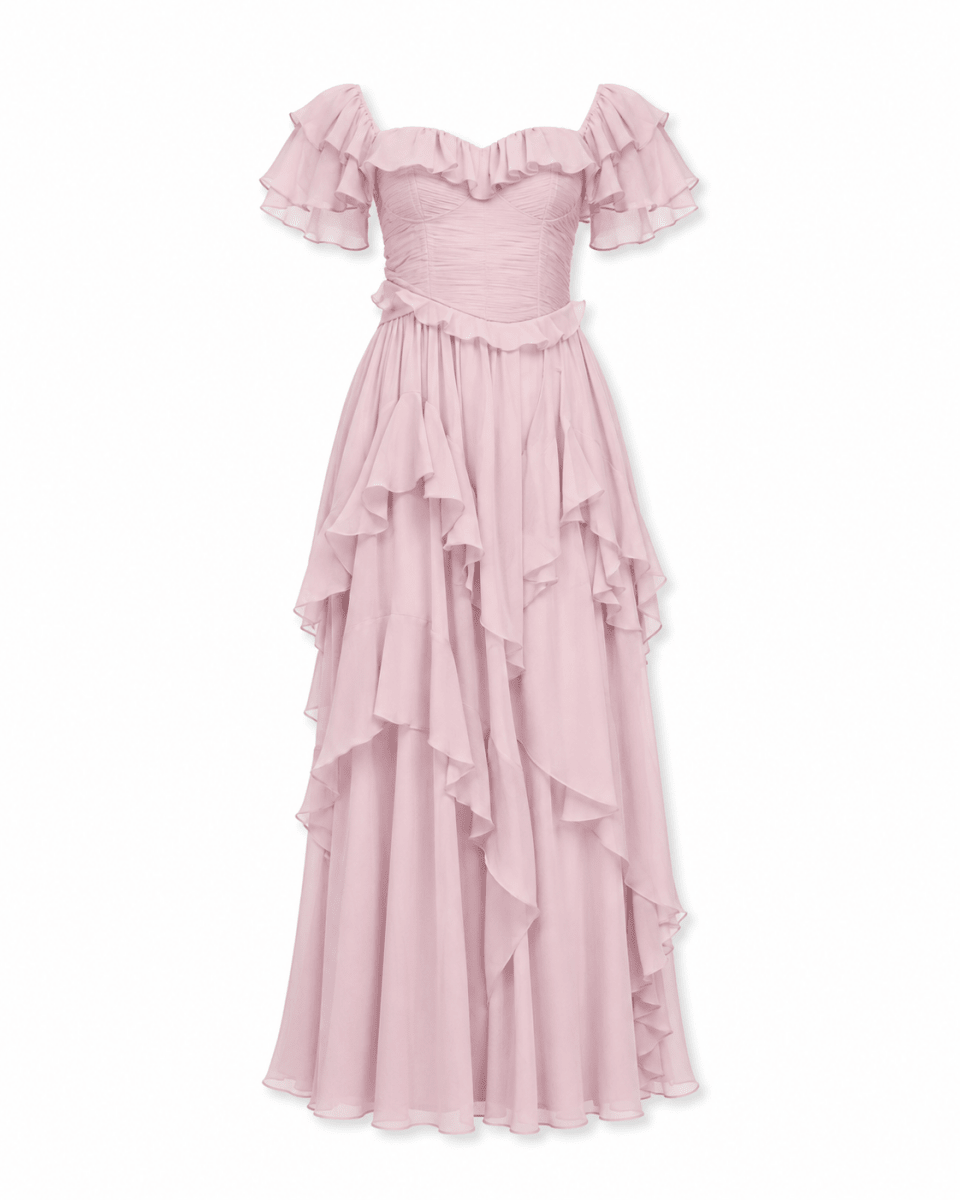 Flat lay front view of the complete dusty pink ruffle corset top and tiered flowing maxi skirt set