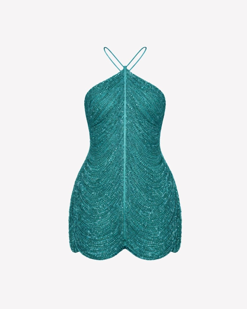 Front product view of Ondara teal glass-beaded backless mini dress showing intricate heavy beadwork.