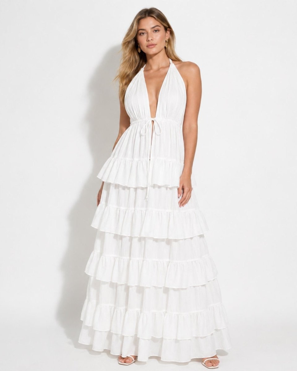 Front view of white deep V-neck tiered halter maxi dress by Ondara luxury resort wear