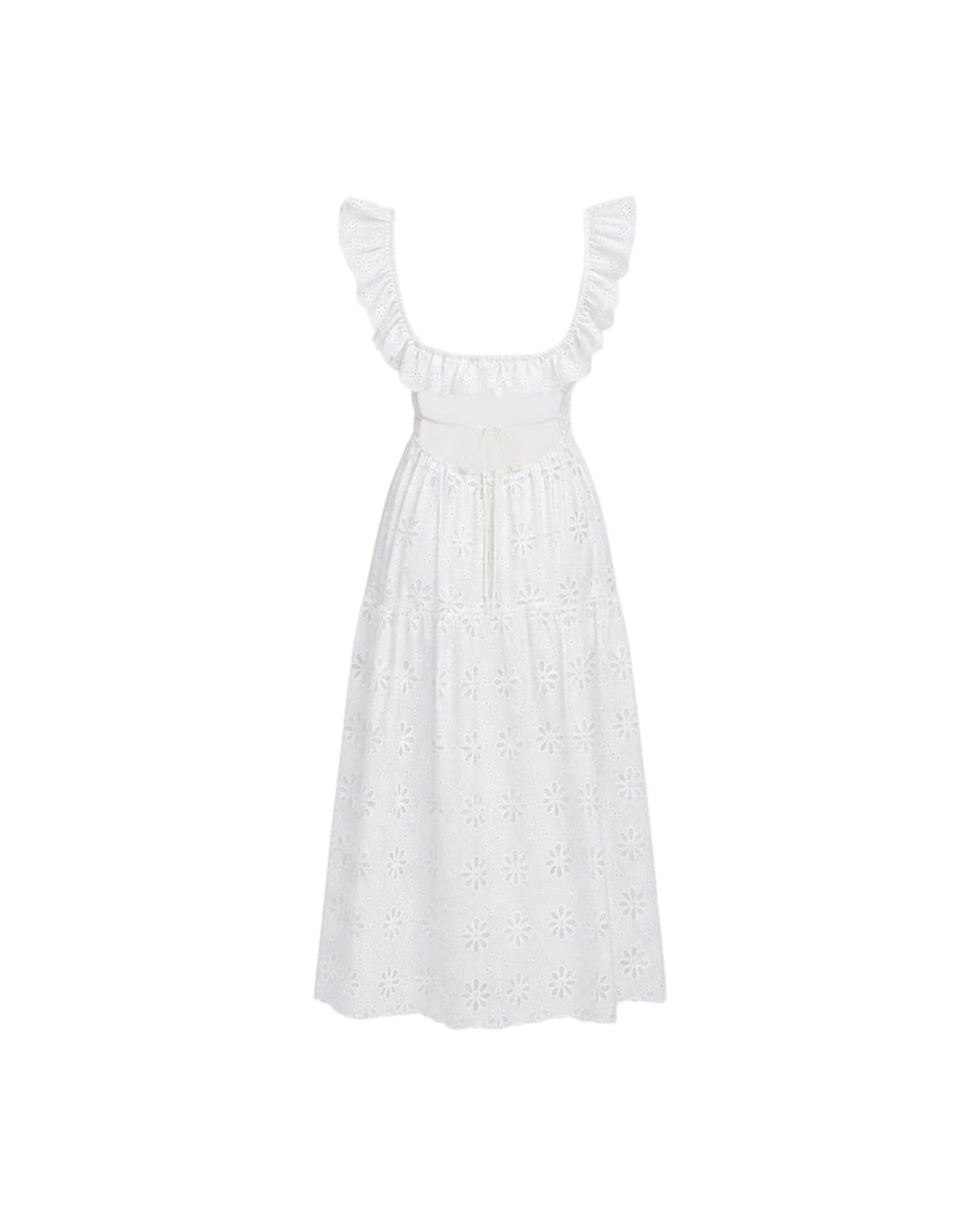 Flat lay back view of the Ondara white eyelet lace vacation dress detailing the tiered skirt construction and back tie mechanism.