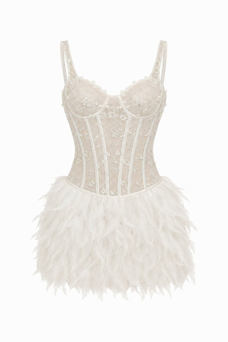 White feather mini dress with semi-sheer lace boned corset top product cutout