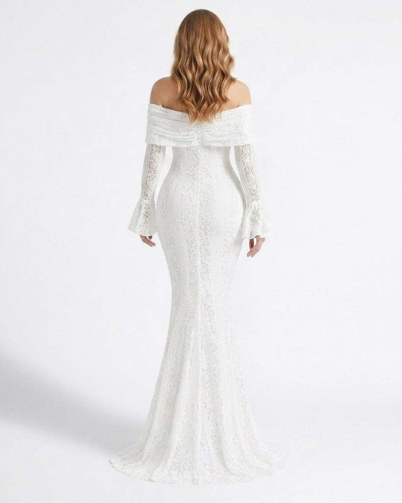 An off-the-shoulder white lace wedding gown with long flared sleeves, shown from the back on a model against a plain white studio background.