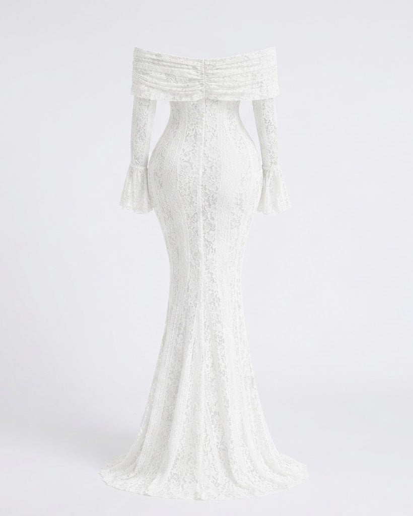 An off-the-shoulder white lace mermaid gown with long flared sleeves, shown against a plain white studio background.