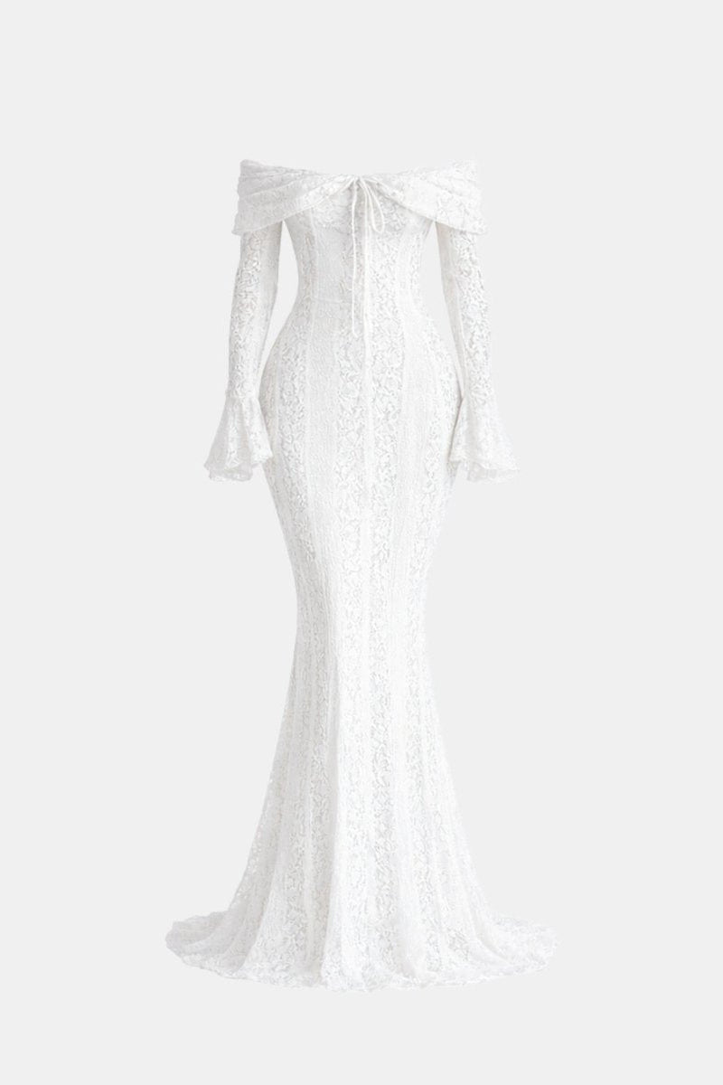 Front ghost mannequin view of the Ondora Glezellia white lace off-the-shoulder maxi dress featuring flared bell sleeves.
