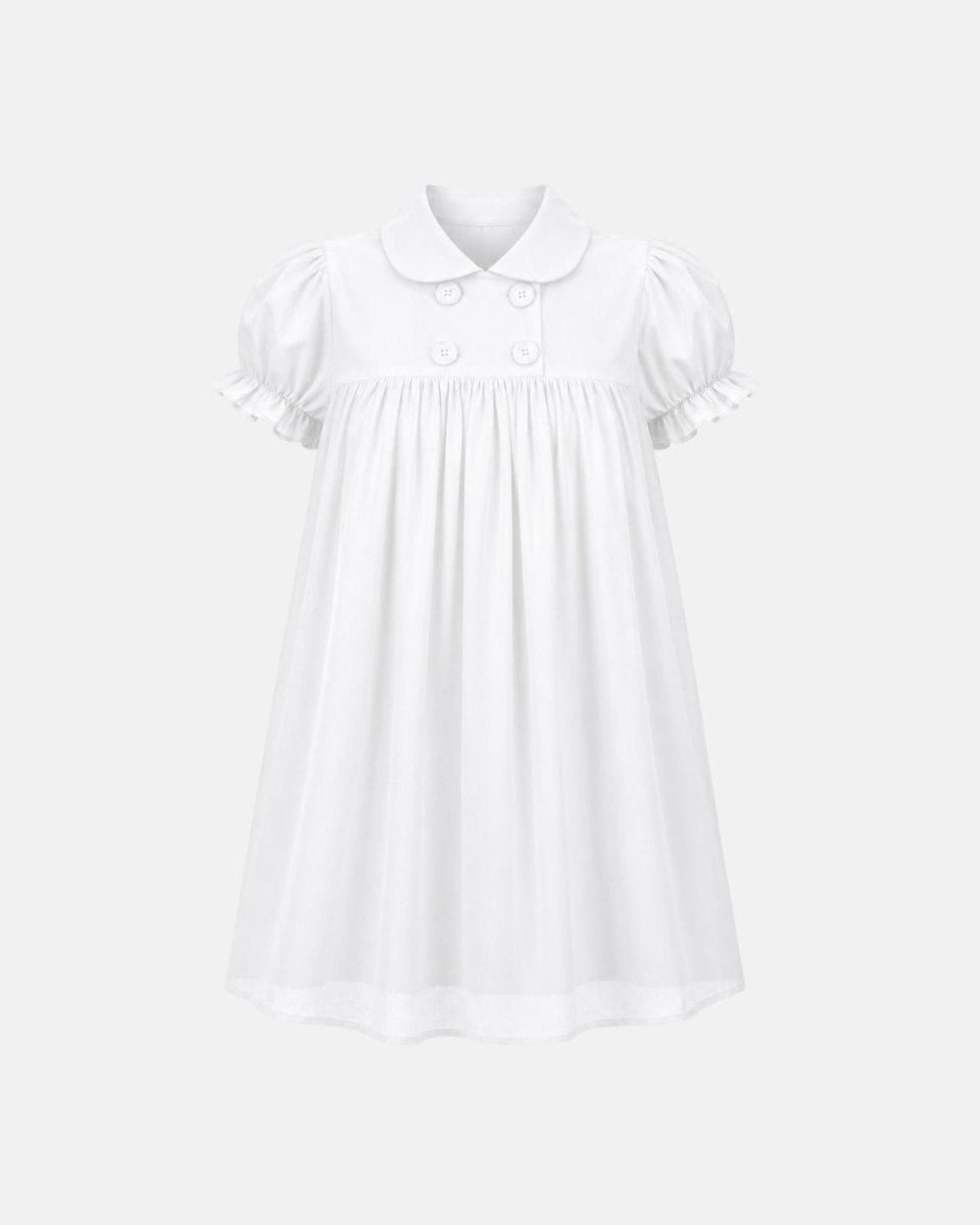 Flat lay ghost mannequin view of the Ondara white puff sleeve babydoll mini dress showing the double-breasted yoke and A-line drape.
