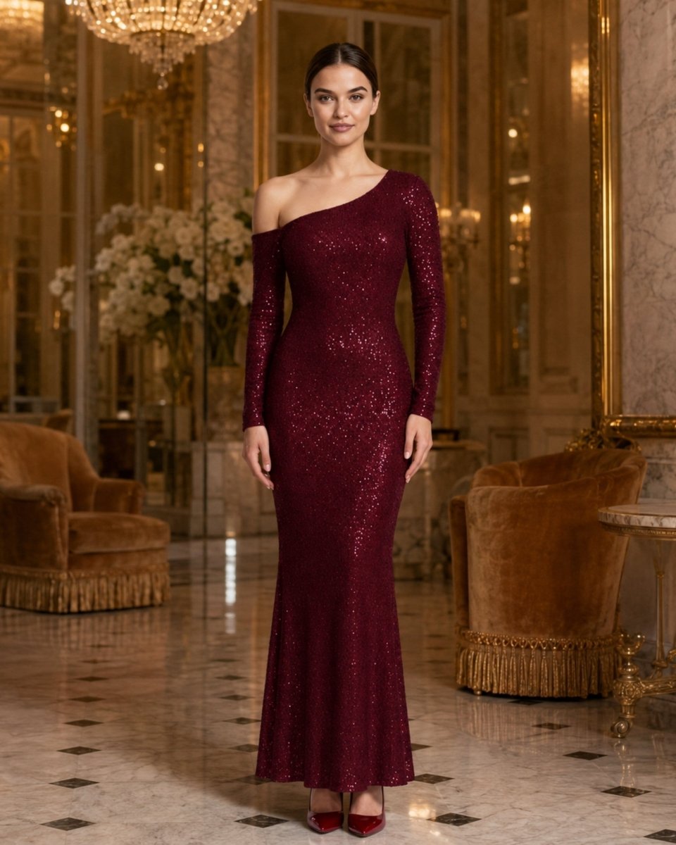 A woman stands in a grand, ornate interior wearing a floor-length, one-shoulder evening gown covered in sparkling burgundy sequins. The dress has long sleeves and a fitted silhouette with a flared hem.
