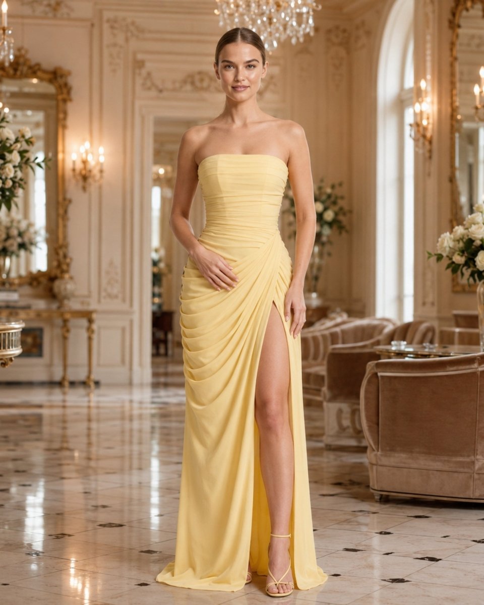 A woman models a strapless yellow formal gown with a ruched bodice, draped skirt, and high thigh slit in an elegant, ornate ballroom.